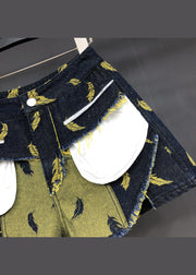 Stylish Navy Feathers Embroideried Patchwork Denim Shorts Summer