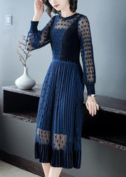 Stylish Navy Hollow Out Patchwork Tulle Long Dress Spring