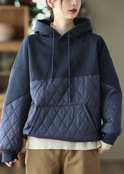 Stylish Navy Hooded Patchwork Fine Cotton Filled Sweatshirts Top Winter