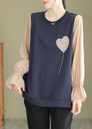 Stylish Navy O Neck Heart Patchwork False Two Pieces Cotton Top Fall