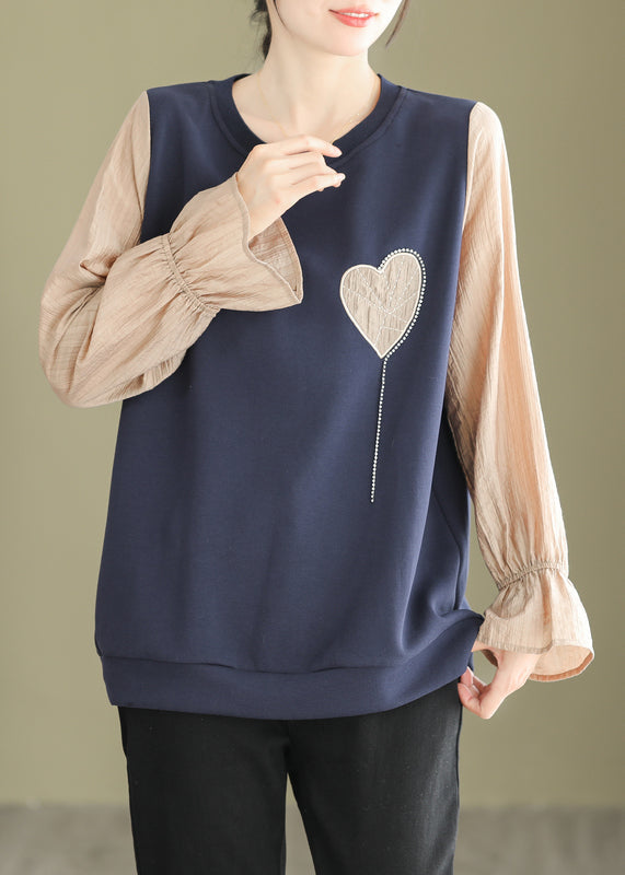 Stylish Navy O Neck Heart Patchwork False Two Pieces Cotton Top Fall