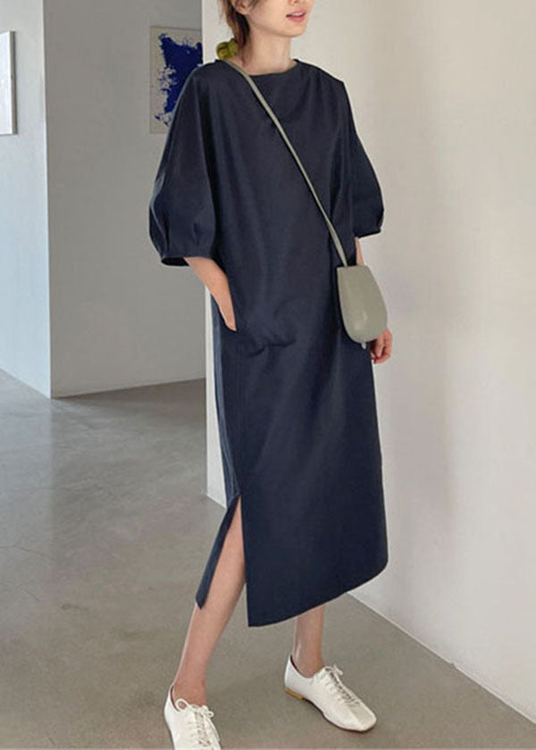 Stylish Navy O Neck Patchwork Linen Maxi Dress Summer