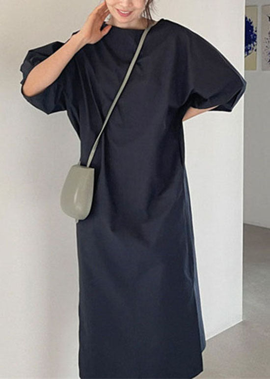 Stylish Navy O Neck Patchwork Linen Maxi Dress Summer