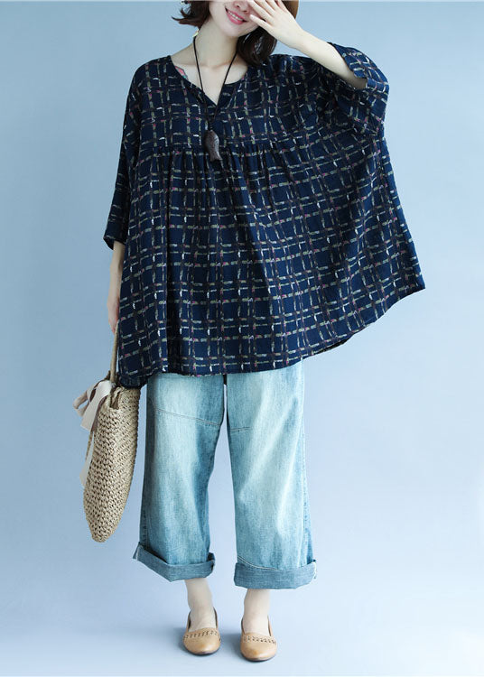 Stylish Navy Oversized Patchwork Plaid Cotton Tops Summer