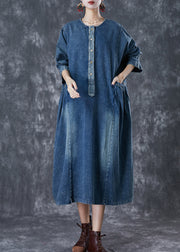 Stylish Navy Oversized Pockets Denim Robe Dresses Fall