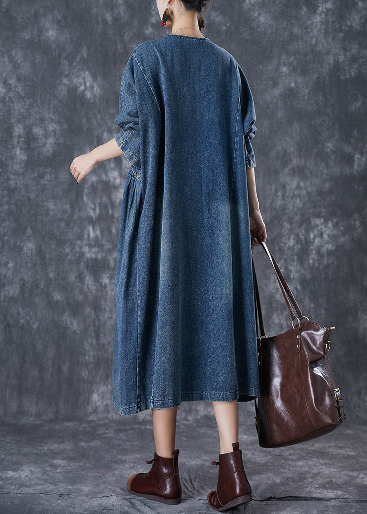 Stylish Navy Oversized Pockets Denim Robe Dresses Fall