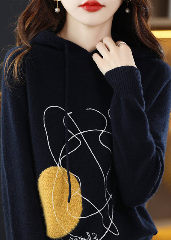 Stylish Navy Print Wool Knit Hooded Sweater Fall