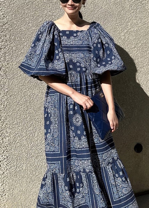 Stylish Navy Square Collar Print Cotton Dresses Puff Sleeve