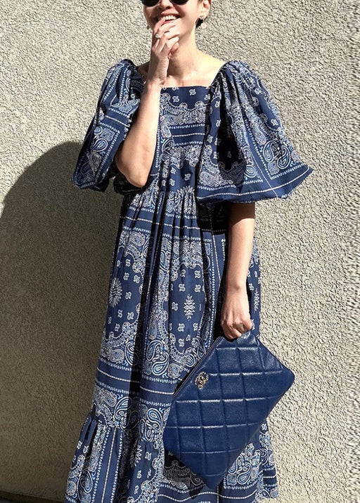 Stylish Navy Square Collar Print Cotton Dresses Puff Sleeve