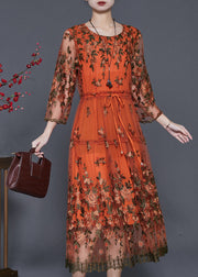 Stylish Orange Embroidered Drawstring Tulle Dress Summer