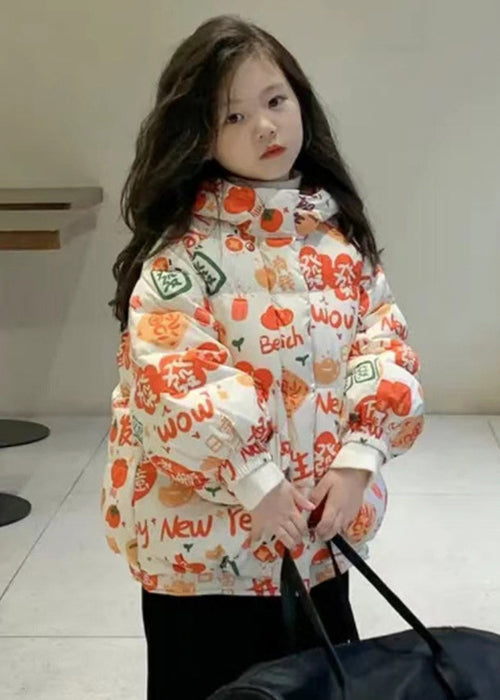 Stylish Orange Hooded Print Pockets Cotton Filled Girls Parka Winter