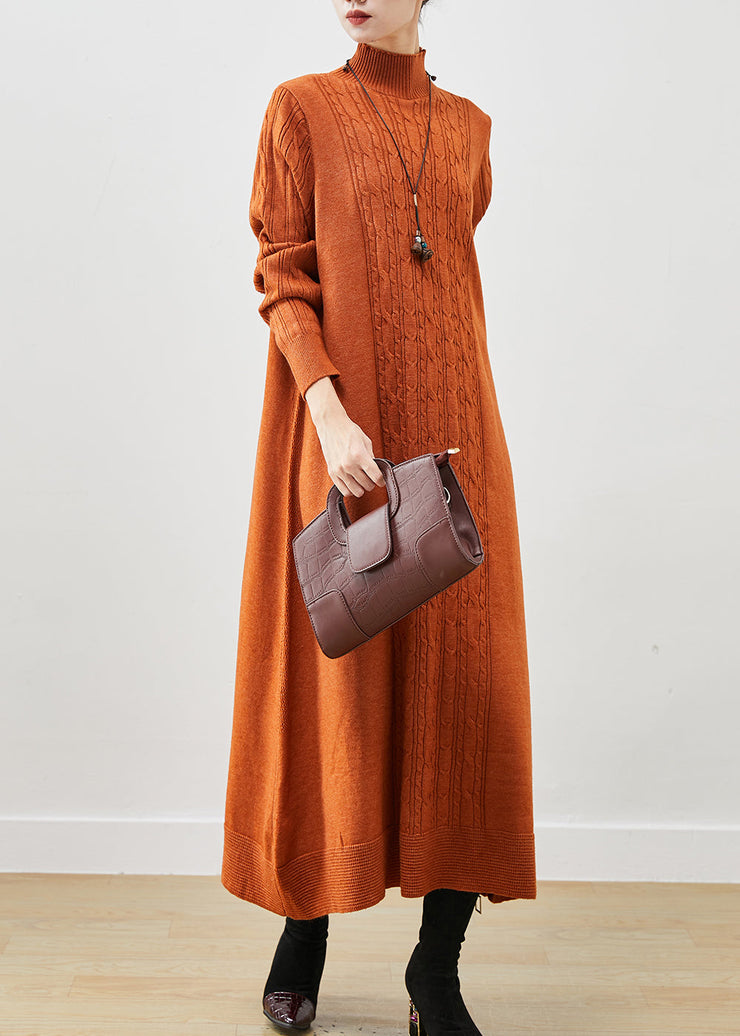 Stylish Orange Oversized Cable Knit Ankle Dress Spring