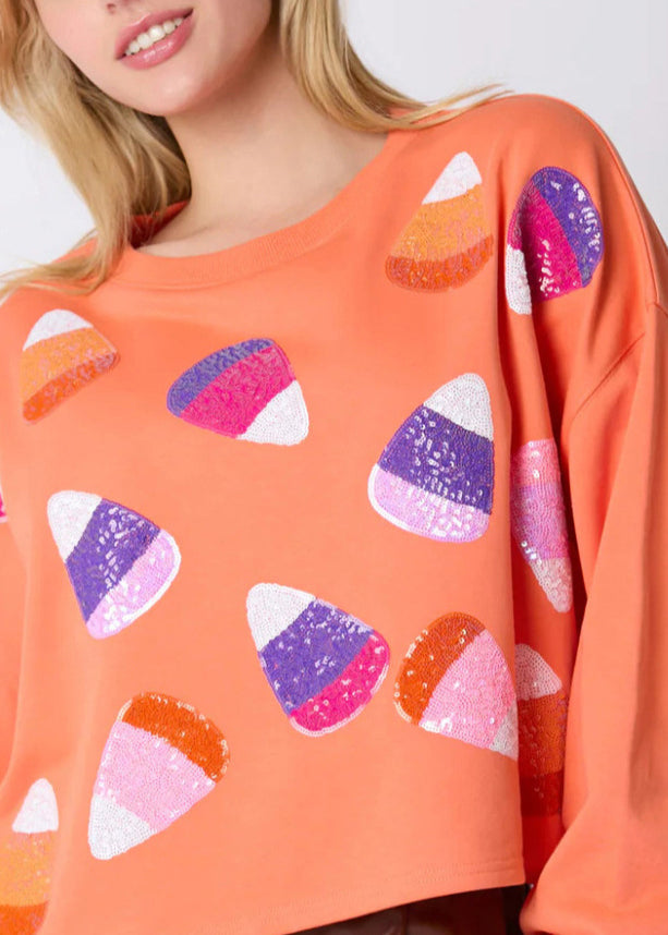 Stylish Orange Sequins Patchwork Cotton Sweatshirt Fall