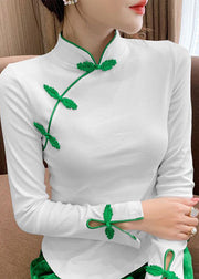 Stylish Orange Stand Collar Embroideried Asymmetrical Button Cotton Shirt Bottoming Shirt