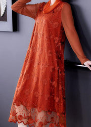 Stylish Orange Turtle Neck Embroideried Tulle Vacation Dresses Spring