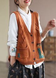 Stylish Orange V Neck Pockets Patchwork Knit Vest Spring