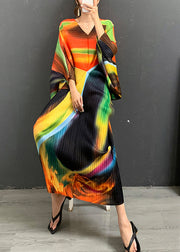 Stylish Orange V Neck Print Silk Long Dresses Batwing Sleeve