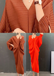 Stylish Orange V Neck Striped Wrinkled Dress Batwing Sleeve