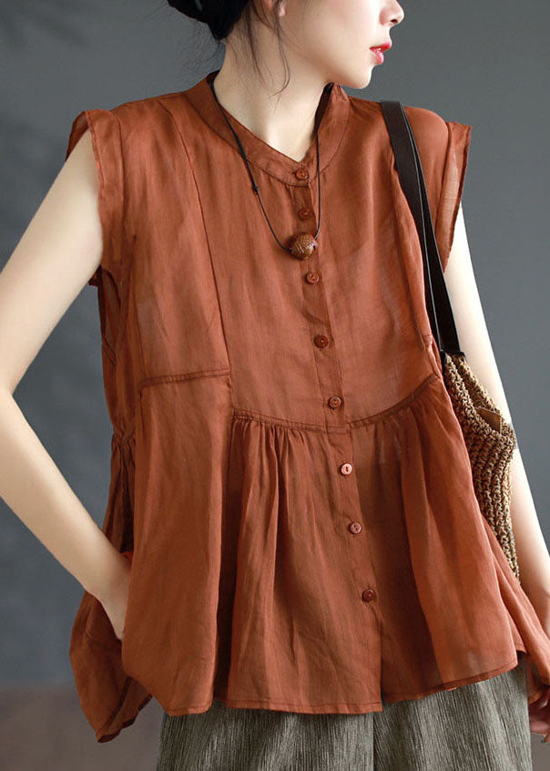 Stylish Orange Wrinkled Patchwork Linen Blouse Top Summer