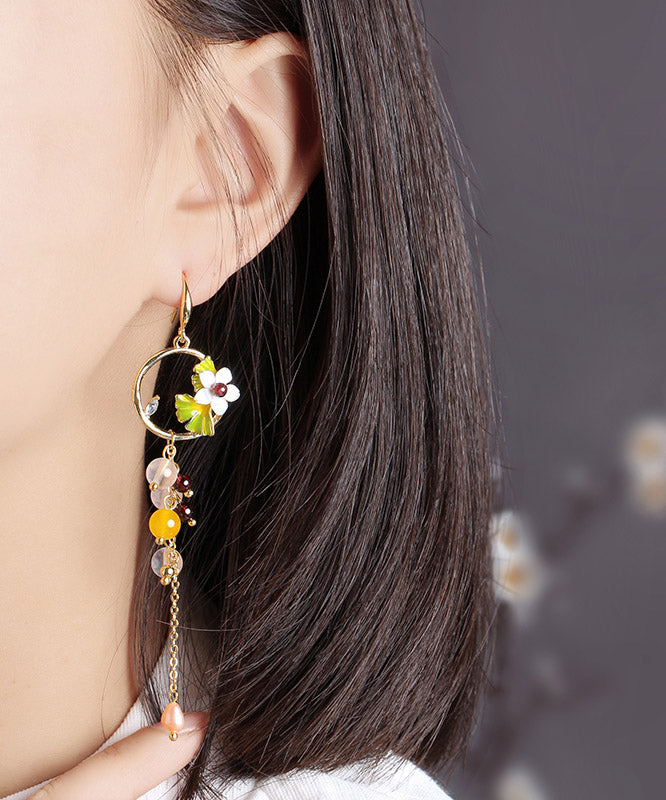 Stylish Overgild Gem Stone Chalcedony Crystal Pearl Cloisonne Shell Flower Metal Drop Earrings