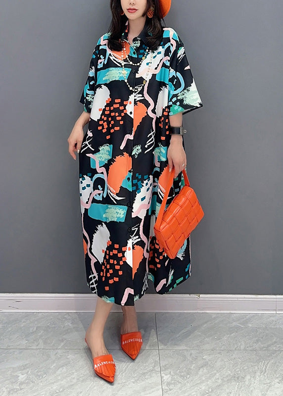 Stylish Peter Pan Collar Print Maxi Shirts Dress Summer