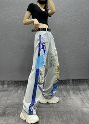 Stylish Photo Color Print Ripped Denim Straight Pants Spring Summer