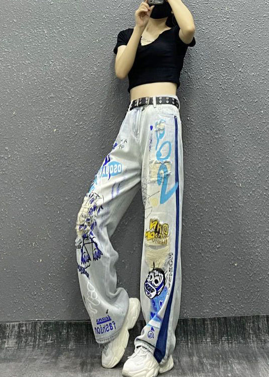 Stylish Photo Color Print Ripped Denim Straight Pants Spring Summer