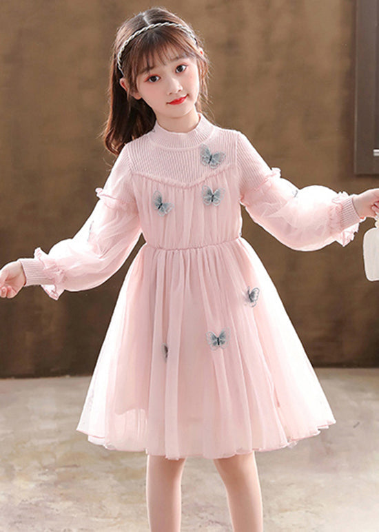 Stylish Pink Butterfly Patchwork Tulle Baby Girls Dress Fall