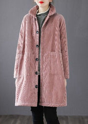 Stylish Pink Button Pockets Fine Cotton Filled Parka Winter