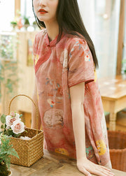 Stylish Pink Button Print Patchwork Linen Dresses Summer