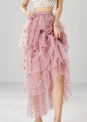 Stylish Pink Dot Print Layered Tulle A Line Skirts Fall