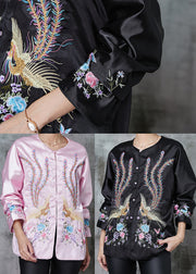 Stylish Pink Embroidered Pockets Silk Jacket Spring