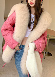 Stylish Pink Fox Hair Sailor Collar Pockets Fine Cotton Filled Puffers Jackets Winter