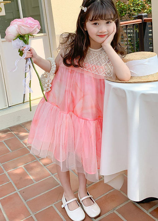 Stylish Pink Nail Bead Wrinkled Patchwork Tulle Kids Girls Dress Summer