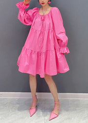 Stylish Pink O Neck Cinched Patchwork Cotton Dress Lantern Sleeve