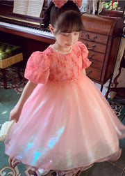 Stylish Pink O-Neck Nail Bead Patchwork Tulle Baby Girls Dresses Summer