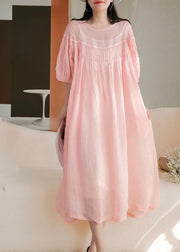 Stylish Pink O Neck Wrinkled Patchwork Long Linen Dress Summer