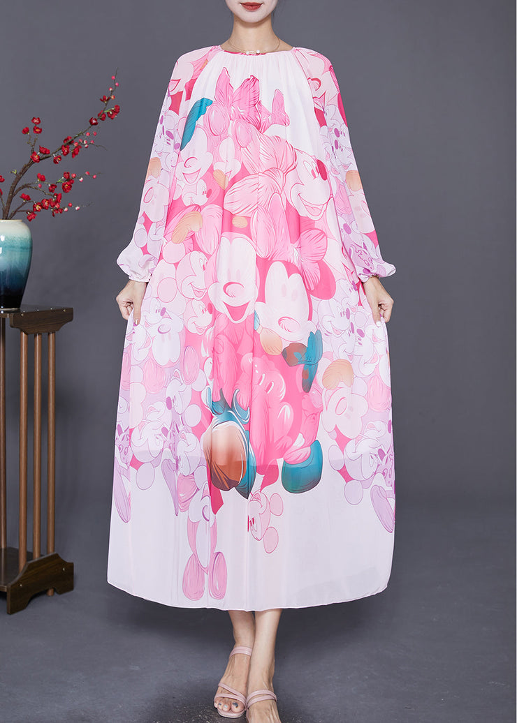 Stylish Pink Oversized Print Chiffon Beach Dresses Lantern Sleeve