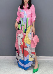 Stylish Pink Peter Pan Collar Print Patchwork Cotton Shirts Dress Summer