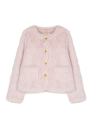 Stylish Pink Pockets Faux Fur Jacket Winter