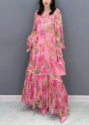 Stylish Pink Print Patchwork Chiffon Long Dress Fall