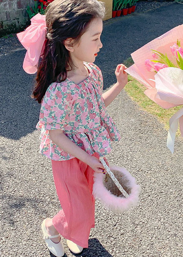 Stylish Pink Print Tops And Pants Cotton Baby Girls Two Pieces Set Summer