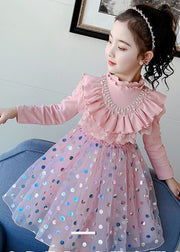 Stylish Pink Ruffled Dot Patchwork Cotton Baby Girls Dresses Fall