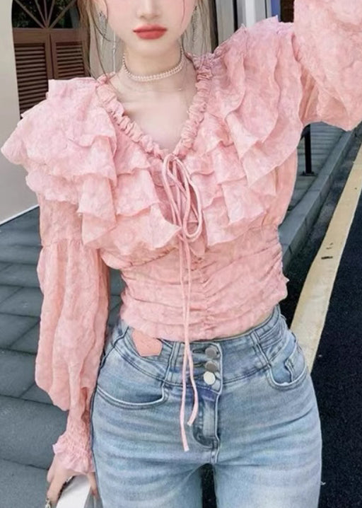 Stylish Pink Ruffled Lace Up Chiffon Blouses Long Sleeve