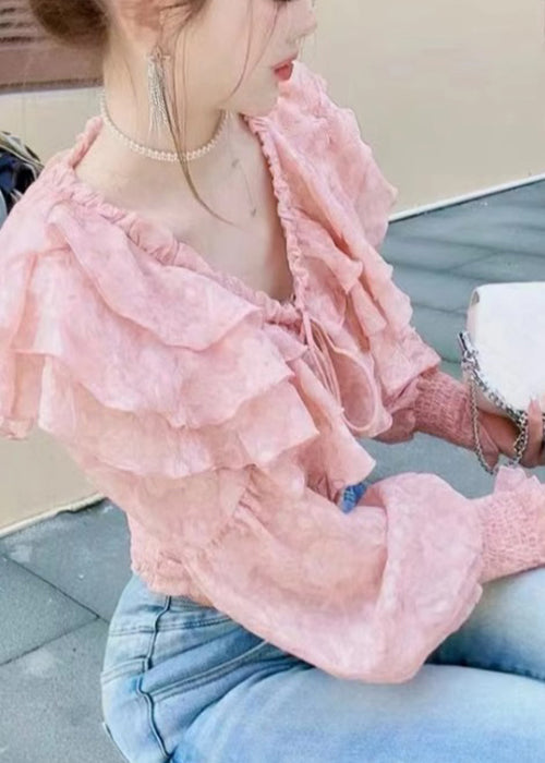 Stylish Pink Ruffled Lace Up Chiffon Blouses Long Sleeve