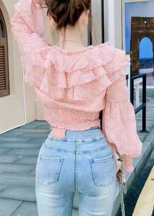 Stylish Pink Ruffled Lace Up Chiffon Blouses Long Sleeve