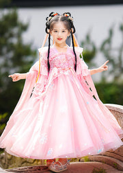 Stylish Pink Ruffled Patchwork Snow Embroideried Tulle Layered Girls Maxi Dresses Summer