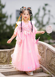 Stylish Pink Ruffled Patchwork Snow Embroideried Tulle Layered Girls Maxi Dresses Summer