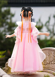 Stylish Pink Ruffled Patchwork Snow Embroideried Tulle Layered Girls Maxi Dresses Summer