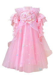 Stylish Pink Ruffled Patchwork Snow Embroideried Tulle Layered Girls Maxi Dresses Summer